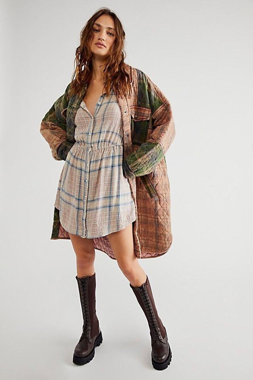 New Free People Elai Plaid Mini Shirtdress $148 X-SMALL Ivory Combo Long Sleeve